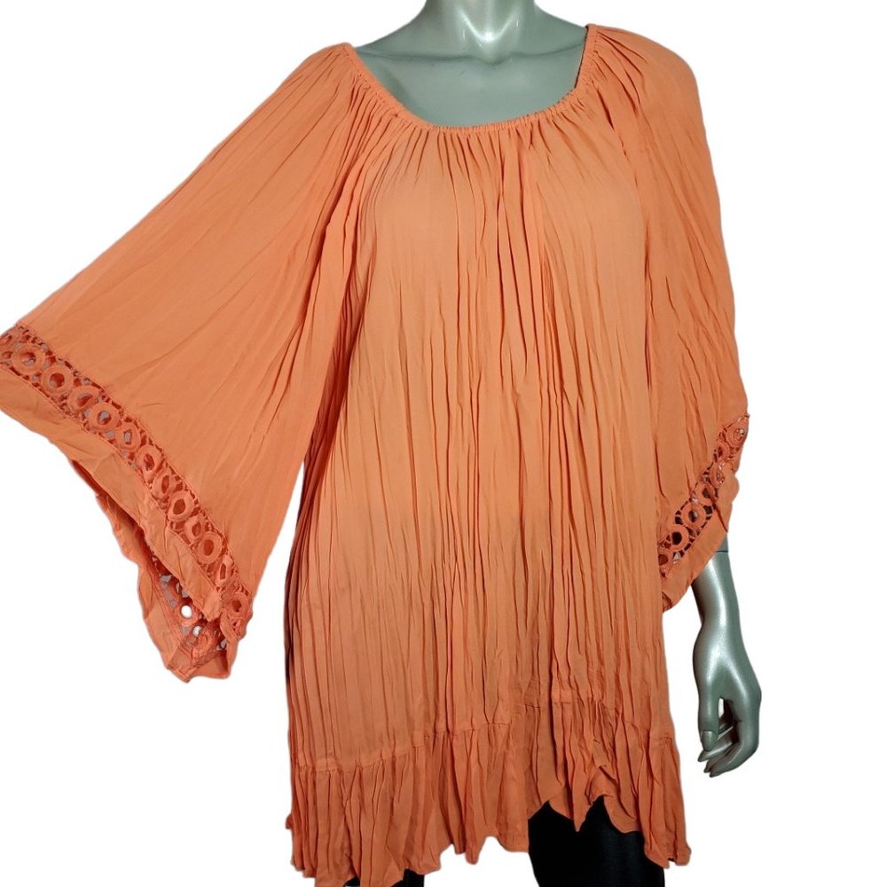 Catherines Top Plus Size 1X 18/20W Crinkle Flare Sleeve Pullover‎ Casual Orange